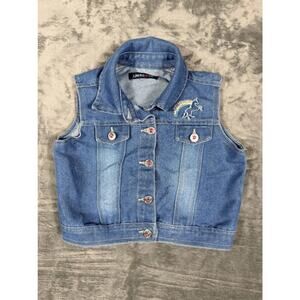 Limited Too Kids Denim Vest Rainbow‎ Unicorn Embroidered Size 10 Cotton Blend